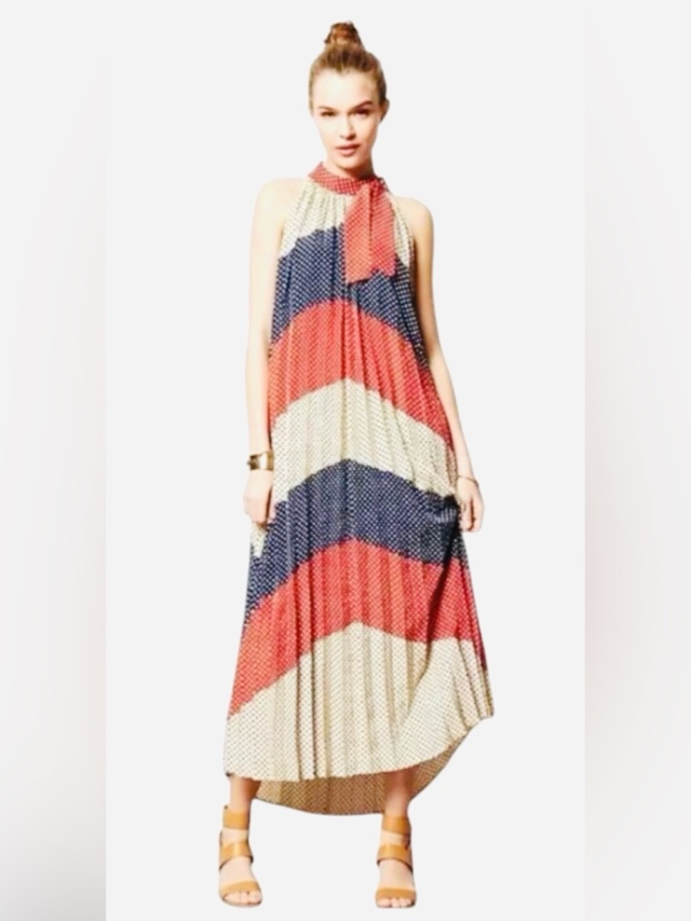 Anthropologie Dear Creatures Chevron Pleated Maxi Dress in Red, Navy & Cream